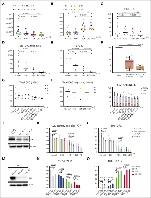 Combination treatment with SLC-391 and venetoclax synergistically inhibits proliferation and long-term clonogenic activities of cells from patients with AML in vitro. (A) CD34+ cells from AML patients were treated with DMSO (0.05%), SLC-391 (SLC; 0.25 µM), or venetoclax (VEN; 0.2 µM), alone or in combination for 72 hours, and absolute viable cells were counted (n = 18). Each point represents an individual patient sample with indicated symbols. (B) Quantification of Annexin V+ (apoptotic) cells after performing Annexin V/propidium iodide (PI) staining and flow cytometry on cells from panel A (n = 16). (C) Total CFCs counted 2 weeks after plating 1200 CD34+ AML cells (n = 9) in semisolid media containing the indicated drugs. (D) Colonies harvested from panel C were replated in semisolid media for another 2 weeks and counted (n = 4). (E) CFC outputs from CD34+ AML cells (n = 3) maintained in 6-week LTC-IC assays to which the indicated drugs were added for the first 2 weeks. (F) Cells from patients with AML were treated with VEN, alone or in combination with SLC (0.25 or 0.35 µM) for 72 hours, and viable cells were counted. IC50 values were calculated based on drug concentrations that result in 50% cell viability compared with DMSO-treated control cells. The boxplot shows IC50 relative to VEN alone (which equates to 100%) per sample. The corresponding raw IC50 values are shown in supplemental Figure 17. Patients with AML with monocytic features or FAB-M5 subtype are denoted with an apostrophe (‘). (G) Colonies obtained from CD34+ NBM cells (n = 4) 2 weeks after plating in semisolid media containing the indicated drugs. (H) Colonies harvested from panel G were replated in semisolid media for another 2 weeks and counted (n = 3). (I) Distributions of colony types, including GEMM (granulocytes, erythrocytes, monocytes, and megakaryocytes), GM (granulocyte and macrophage), and BFU-E (burst-forming unit-erythroid) under each treatment condition. (J) Western blot analysis of AXL protein levels in AML cells transduced with LentiCRISPRv2/GFP or AXL-knockdown (KD) constructs and sorted for GFP+ cells 7 days posttransduction. (K) Cells from patients with AML were transfected with AXL-KD construct (KD1 and KD2), sorted for GFP+ cells, and treated with SLC (0.25 µM) and VEN (0.2 µM), alone or combination, for 72 hours; viable cells were counted (n = 4, patients #2, #3, #6, and #14). (L) CFC outputs from CD34+GFP+ AXL-KD cells from panel K compared with untreated cells and cells transfected with control construct and treated with the indicated drugs. (M) Western blotting analysis of AXL in THP-1 cells transfected with CRISPR control or with 2 AXL-KD constructs (KD1 and KD2). (N) THP-1 cells in panel M were treated with the indicated drugs for 72 hours, and viable cells were counted (n = 2). (O) The same treated cells as in panel N were subjected to Annexin V/PI staining and flow cytometry analysis. Annexin V+ cells were graphed as apoptotic cells (n = 2). All data are presented as mean ± SD of measurements for the indicated number of patients or samples. The P values were calculated using a 2-tailed, paired Student t test (A-H,K-L), or a 2-tailed, unpaired Student t test (N-O).