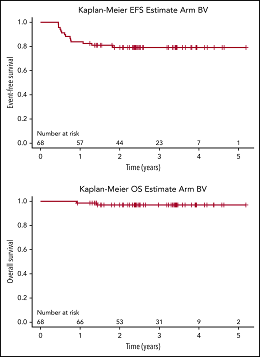 EFS (2-year, 79.1%; 95% CI, 67.2-87.1) and OS (2-year, 97%; 95% CI, 88.1-99.2) for newly diagnosed patients with ALK+ ALCL in arm BV of ANHL12P1.