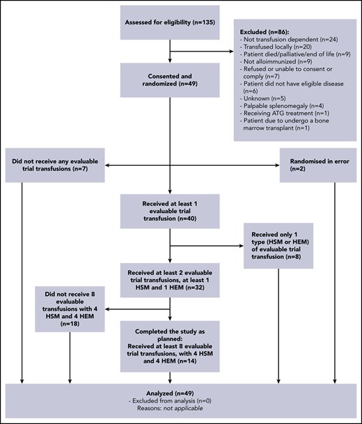 CONSORT diagram. Evaluable here means evaluable at 1 hour posttransfusion. Treatments are as randomized. ATG, antithymocyte globulin.