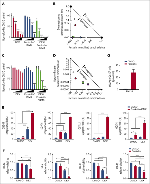 cAMP pathway activation synergizes with dexamethasone to reverse GC resistance in human T-ALL cells. Relative cell viability by cell titer glo of KOPTK1 (A) or CUTLL1 (C) cells after treatment with dexamethasone (0-10 μM), forskolin (0-100 µM), and IBMX (100 μM) or the combination (dexamethasone/forsoklin/IBMX) for 72 hours. Data are normalized to vehicle-treated cells. Isobologram plot showing synergism between forskolin/IBMX and dexamethasone treatment in human T-ALL cell lines KOPTK1 (B) and CUTLL1 (D). (E) Human T-ALL cell lines were treated with vehicle, forskolin (10 μM), and IBMX (100 μM), dexamethasone (1 μM), or with the combination (dexamethasone, forskolin/IBMX) for 72 hours, and Annexin V/7AAD-positive cells were determined by flow cytometry. (F) Relative viability by cell titer glo of 4 T-ALL patient samples (GC sensitive: TALL-x-7 and 18; GC resistant: TALL-x-14 and 10) treated in vitro with vehicle or dexamethasone (1 μM) in the presence or absence of forskolin (10 μM) for 72 hours. Data are normalized to vehicle-treated cells. (G) Intracellular cAMP levels in 2 × 106 primary TALL-x-18 cells treated with vehicle or forsoklin for 30 minutes. The results are averages of at least 3 independent experiments, and error bars represent SEM. *P < .05, **P < .01, ***P < .001.