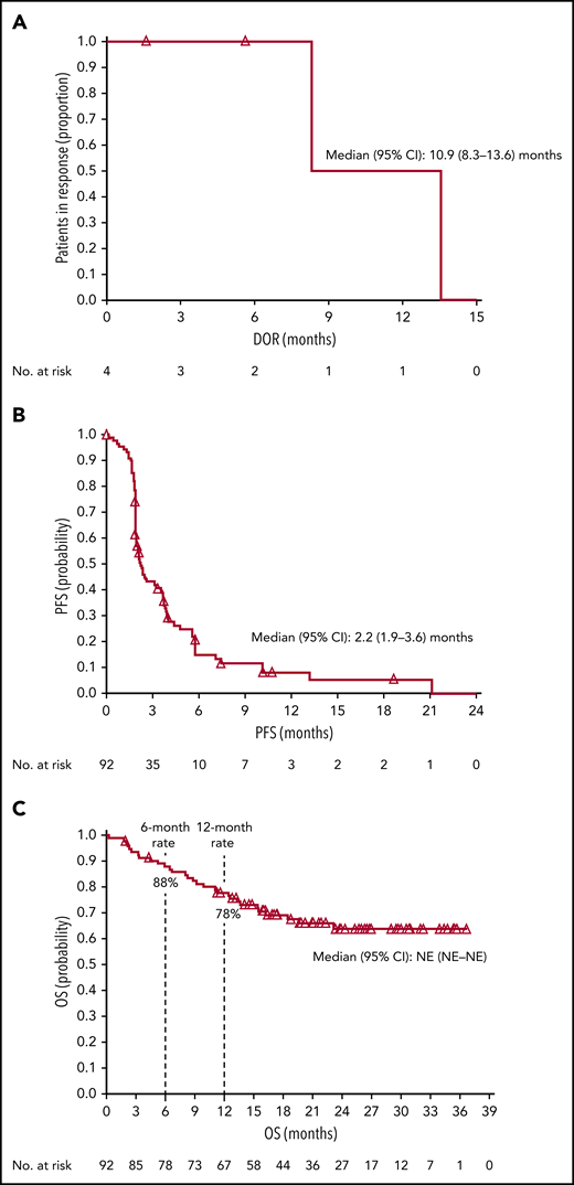 Kaplan-Meier estimates. (A) DOR per IRC, (B) PFS per IRC, and (C) OS. Open triangles represent censored observations. NE, not estimable.