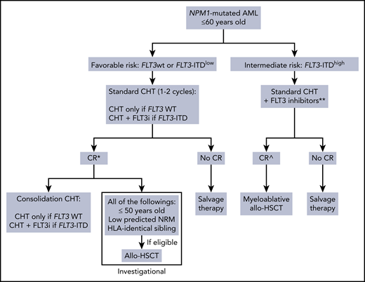 Treatment algorithm for young fit NPM1-mutated AML patients with FLT3-ITDwt, FLT3-ITDlow, and FLT3-ITDhigh. All patients with mutated FLT3 (irrespective of allelic ratio) should receive FLT3 inhibitor plus CHT as induction/consolidation therapy. Some authorities consider allo-HSCT in CR1 for patients with FLT3-ITDlow, except for cases with ratio <0.1. *Whether patients with suboptimal reduction of NPM1 transcripts after 2 CHT cycles with or without FLT3 inhibitor (depending on FLT3 status) may benefit from allo-HSCT should be investigated in prospective clinical trials. **Proceed to allo-HSCT as soon as possible. ^Whether the subset of patients with FLT3-ITDhigh achieving MRD negativity after 2 CHT cycles may avoid allo-HSCT in CR1 should be investigated in prospective clinical trials. FLT3i, FLT3 inhibitor; NRM, nonrelapse mortality; WT, wild-type.