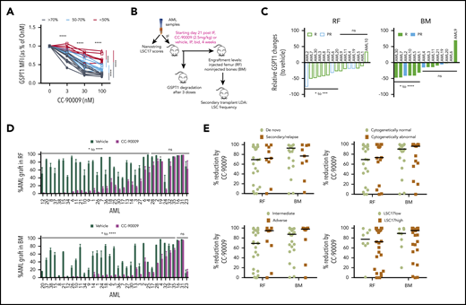 CC-90009 treatment reduces leukemic engraftment in AML xenograft models. (A) GSPT1 expression at 24 hours in culture with CC-90009 at indicated concentrations. Each line indicates data relative to 0 nM CC-90009 for an individual patient sample (n = 23). Lines in black, cyan, and red represent samples with >70%, 50% to 70%, and <50% GSPT1 reduction, respectively, at the 100-nM treatment dose. (B) Schematic experimental design for in vivo CC-90009 treatment. IF, intrafemoral transplantation; LDA, limiting dose assay; LSC17, a 17-gene leukemia stem cell signature. (C) Relative GSPT1 degradation to controls in the RF and BM of NOD.SCID mice engrafted with AML and treated with CC-90009 (n = 2-4 mice per treatment group). PR, partial responder; R, responder. (D) CD45+CD33+ AML engraftment levels in RF and BM of xenotransplanted mice treated with vehicle (dark green bars) or CC-90009 (purple bars) (n = 5 per treatment group). Bars represent mean ± standard error of the mean (SEM) of an individual patient sample. (E) Relative reduction in leukemic engraftment in mice treated with CC-90009 compared with controls, and transplanted with de novo or secondary or relapsed AML, normal or abnormal cytogenetics, MRC adverse or intermediate risk group, and high or low LS17 scores. Each dot represents an individual patient sample. Bars are the median values for each group. For panels C and E, relative change for each patient sample was calculated as (median of CC90009 – median of vehicle)/median of vehicle × 100. *P < .05, **P < .01, ***P < .001, ****P < .0001. ns, not significant.