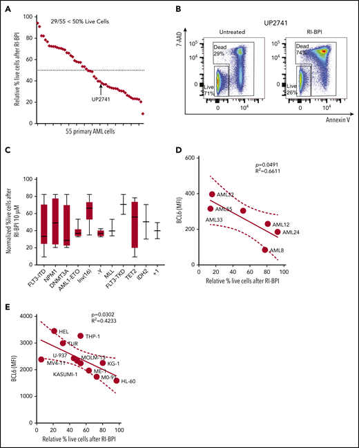 BCL6-targeted peptide inhibitors induced significant apoptosis associated with differential expression of BCL6 genes in primary AML cells. (A) Fifty-five different AML cells were subjected to ex vivo treatment with 10 μM RI-BPI for 48 hours. The relative percentage of live cells (annexin V negative/7-AAD negative) were plotted and sorted from lowest (left) to highest (right) sensitivity to RI-BPI. Dotted line indicates 50% of relative live cell percentage with RI-BPI treatment. Profiles of each of the primary cells used in the analysis are provided in supplemental Table 1. (B) Representative flow cytometry data to show how dead cells were detected, with a comparison between untreated and RI-BPI–treated cells. (C) Based on mutational profiles of the 55 primary AML cells, normalized percent live cells after RI-BPI (10 mM, 48 hours) treatment was compared between subgroups with different molecular markers. Linear regression analysis showing a correlation between sensitivity to RI-BPI and expression level of BCL6 in 6 different primary AML cells (D) and in 11 different AML cell lines (E). MFI, mean fluorescence intensity.
