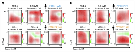 MALT1/MTORC1 combinations are highly synergistic against ABC-DLBCL. (A) ABC-DLBCL cell lines were treated for 1 hour with MI-2 (250 nM), C3 (1 μM), CAL-101 (1 μM), rapamycin (Rapa; 1 nM), or their combinations, as indicated, and proteins were extracted. Levels of phosphorylated and total proteins were evaluated by western blot. (B-D) Quantification of p-6/S6 levels (B), p-AKT/AKT levels (C) and Roquin p50/full length (D) for experiments in (A), respectively. Protein levels were normalized to actin and are relative to the average of vehicle-treated cells. Data are average ± standard error of the mean (SEM) of ≥2 independent experiments. (E) Dose response for temsirolimus (left panel) and rapamycin (right panel) in 4 ABC-DLBCL lines. Gray shaded area represents on-target dose. (F) Heat map of CIs at fraction affected 50% (Fa50) for C3 or MI-2 with temsirolimus or rapamycin in the indicated cell lines. (G-H) ZIP δ-score synergy plots for rapamycin in combination with MI-2 (G) or C3 (H) in the indicated cell lines and primary ABC-DLBCL specimens treated ex vivo in 3D organoids. *P < .05, **P < .01, ***P < .001, 1-way analysis of variance corrected for multiple comparisons 5% FDR. ns, not significant (P > .05).