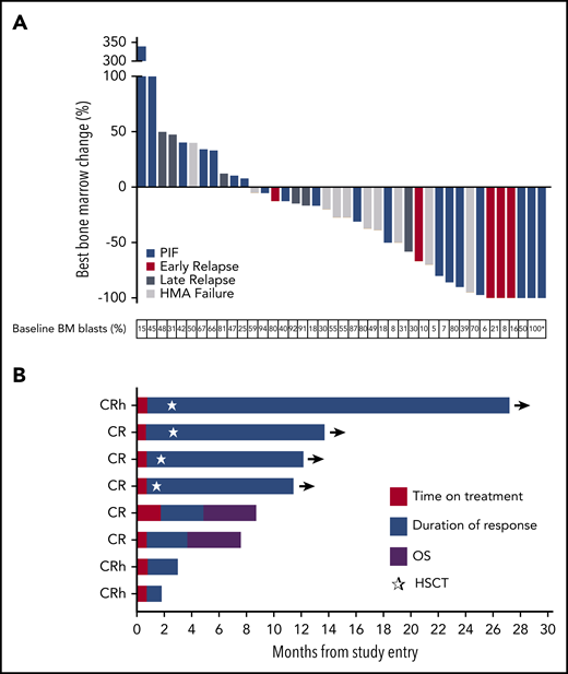 Best change in BM blasts, duration of remission, and OS in patients receiving flotetuzumab immunotherapy. (A) Fifty patients treated at the RP2D differentiated by AML status at study entry: 45 response-evaluable, 40 patients in waterfall plot, 5 progressive disease (PD) on peripheral blood blasts; nonevaluable patients, 5: 2 patients withdrew consent, 3 patients withdrawn due to non-TRAEs. AML status at study entry and percentage of BM blasts at baseline are indicated. (B) Eight PIF/ER AML patients treated at RP2D who achieved a response on flotetuzumab. Median time to best response represented in red (median, 0.8 months; range, 0.8-2.1 months) and duration of response in blue (median, 9.1 months; range, 1.1-26.4 months). Purple depicts OS beyond relapse. *BM aspirate for this patient was hemodiluted but immunohistochemistry on BM formalin-fixed paraffin embedded confirmed the percent blast. ☆, Time at which patients underwent hematopoietic stem cell transplantation (HSCT).