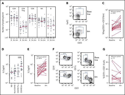 Biomarker assays at baseline and 6 months of pomalidomide treatment. (A) CD4, Treg CD4, CD8, natural killer (NK), and B lymphocyte subsets during the time course of pomalidomide treatment. Medians are marked in red. Circled numerals indicate numbers of subjects with ≤1 B cells/µL. (B) Flow cytometry of blood CD3+CD4+ Treg cells, identifying gating of FoxP3+CD25+ cells. (C) Changes in the percentage of CD25++CD127dim Treg within CD4+ T cells (Wilcoxon paired comparison of 21 subjects evaluated at both time points). (D) IL-2 levels in healthy persons, non-cGVHD patients, and pomalidomide-treated subjects at baseline and 6 months. Mann-Whitney nonparametric comparison of baseline and 6 months shown. (E) IL-2 levels in individual pomalidomide-treated subjects. Wilcoxon paired comparison of 20 subjects evaluated at both time points. (F) Flow cytometry of CD19+ B cells at baseline and 6 months identifying gating of CD19++CD21– and of CD11c+CD21– cells. (G) Changes in the percentages of CD19++CD21– B cells. Wilcoxon paired comparison of 12 subjects evaluated at both time points. B, baseline; m, months.
