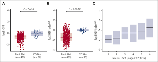 RPPA protein expression levels for HSF1-total and HSF1-pSer326. RPPA protein expression levels for the 483 de novo pediatric AML patients and 30 CD34+ BM samples, for HSF1-total (A) and HSF1-pSer326 (B). (C) Correlation between HSF1-total and HSF1-pSer326 protein expression. HSF1-total was divided into 6 equally sized groups. Boxplots represent the dispersion of HSF1-pSer326 expression. Lower HSF1-total samples express lower levels of HSF1-pSer326, whereas higher HSF1-total levels are associated with higher levels of HSF1-pSer326 and show more variation in HSF1-pSer326 phosphorylation.