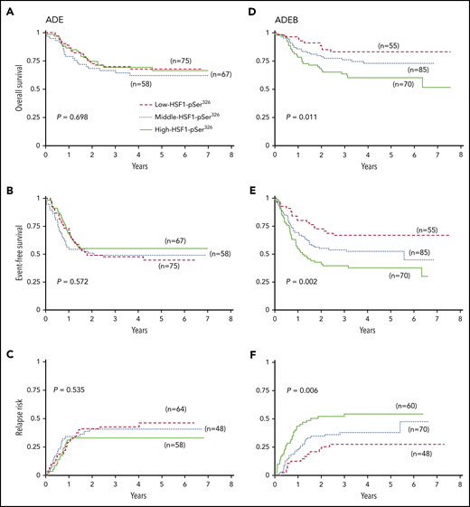 Kaplan-Meier survival curves for OS, EFS, and RR. (A) OS, (B) EFS, and (C) RR for patients treated without the addition of BTZ (left). (D) OS, (E) EFS, and (F) RR for patients treated with the addition of BTZ to ADE (right). Dashed red lines indicate low-HSF1-pSer326 patients, dotted blue lines represent middle-HSF1-pSer326, and solid green lines represent the high-HSF1-pSer326.