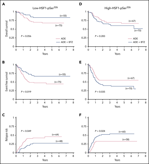 Kaplan-Meier survival curves for low-HSF1-pSer326 and high-HSF1-pSer326 treated with ADE vs ADEB. (A) OS, (B) EFS, and (C) RR for low-HSF1-pSer326 patients (left). (D) OS, (E) EFS, and (F) RR for high-HSF1-pSer326 patients (right). Dotted red lines indicate treatment with ADE alone, and solid blue lines represent the ADEB-treated patients.