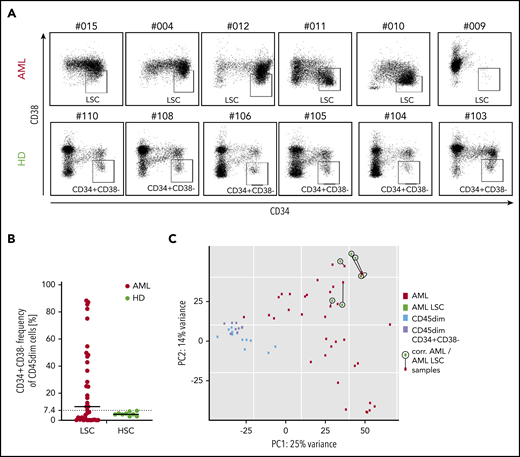 CD34/CD38 LCS-phenotype of pediatric AML samples and pediatric hematopoietic progenitors. (A) While 6 AML CD45dim populations show a very heterogenous CD34 vs CD38 distribution (top panel), their healthy counterparts show a relatively consistent distribution in 6 different cases. (B) Frequency of CD34+CD38− cells in the CD45dim gate in AML patients (median, 10.2%) and healthy donors (median, 4.5%). (C) PCA illustrating 4 populations: bulk AML (AML), AML CD34+CD38− (AML LSC), healthy CD45dim, and healthy CD45dimCD34+CD38−. While both healthy populations cluster together, all 6 AML LSC samples cluster quite close to their corresponding bulk AML sample (as linked by a black line). PC, principal component.