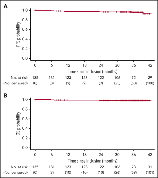 Survival outcomes in all evaluable patients. (A) PFS (6 events). (B) OS (3 events). Three died without progression before death (accidental fall at month 7; unexpected sudden cardiac death with no autopsy at month 8 (treatment relationship unknown; Hodgkin lymphoma Epstein-Barr virus–associated hemophagocytosis at month 23). Three further patients experienced progression (at months 11, 35, and 39). Following progression, patients could continue to be followed for OS. After 42 months, follow-up for survival outcomes was censored due to the low numbers of patients at risk. One clinical relapse occurred at month 38, 22 months after the end of treatment; the patient had CR (confirmed by blinded review) with undetectable MRD at month 16, and concomitantly initiated surgical and radiotherapy for epidermoid gum cancer.