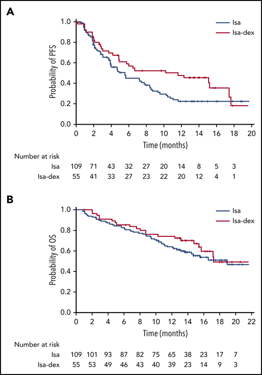 Survival outcomes according to treatment arm, per IAC assessment (safety population). (A) PFS. (B) OS.