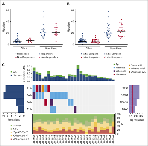 Somatic mutations identified by whole-exome sequencing. (A) Comparison of mutational load between responders (n = 18) and nonresponders (n = 10). (B) Comparison of mutational load between the first time point sample (initial, n = 28) and the lowest value for each patient among all their later time points (n = 21). Data are shown as median with interquartile range. P = not significant (Wilcoxon test) (A-B). (C) Overall genomic landscape of somatic single nucleotide variants at the time of first sampling. Top: synonymous (syn) and nonsynonymous (non syn) mutation rates are expressed as the number of mutations per Mb, with each column corresponding to the individual patient shown at the bottom. The heatmap in the middle represents significantly mutated genes as identified by MutSig2CV, with each gene listed on the right with its q value and the percentage of patients with at least 1 mutation in that gene. The heatmap shows individual patient mutations color-coded by type per the color key in the upper right corner. The panel at the bottom of the heatmap shows the distribution of individual base substitution types for each sample. transver, transversion.