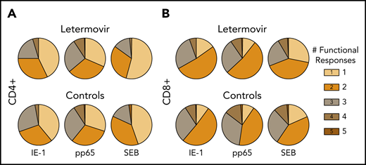 Relative proportion of functional CMV-specific T-cell phenotypes. The proportion of CMV-specific CD4+ (A) and CD8+ (B) T-cell subset phenotypes based on the total number of functional markers expressed at approximately day 90 after HCT in letermovir recipients and preemptive therapy recipients. Responses were measured after stimulation with CMV IE-1, pp65, or SEB (positive control). Granzyme B monofunctional cytokine responses were excluded from these charts, as some cell subsets have been noted to express this cytokine constitutively (see "Letermovir is associated with decreased CMV-specific polyfunctional responses").