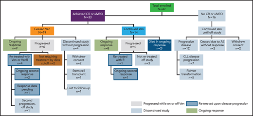 Patient disposition.aOne patient discontinued treatment because of cytopenias, subsequently proved to be caused by myelodysplasia after data cutoff for the publication. One patient died of an unrelated cause (ischemic heart disease) during ongoing response. Molecular characterization of samples at the point of CLL progression was not performed systematically as part of the trial, but was done in 6 patients treated in Melbourne. This revealed BCL2 mutations in 2 of 4 patients who had MRD+ PR as best response, as reported previously.22,23 No venetoclax resistance-associated mutations were detected in 2 patients who had CR as best response and who progressed after cessation of therapy. R, rituximab; Ven, venetoclax.