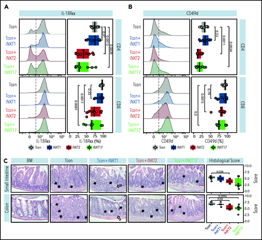 iNKT2 and iNKT17 cells inhibit IL-18Rα and CD49d expression and prevent tissue damage during murine acute GVHD. IL-18Rα (A) and CD49d (B) expression at the surface of CD4 (upper panels) and CD8 (lower panels) Tcon recovered at day 7 after HCT from spleen of mice treated with different iNKT sublineages (untreated, gray; iNKT1, blue; iNKT2, red; iNKT17, green). Representative FACS histograms (left panels) and summary bar plots (right panels) are shown. Data are pooled from 2 independent experiments with 3 to 5 mice per group. (C) Representative photomicrographs of hematoxylin and eosin–stained sections of small intestine and colon (×200) collected 7 days after transplantation from indicated groups. GVHD tissue damage manifests as inflammation (open arrow), crypt apoptosis (solid arrow), and crypt loss (solid asterisk). Histopathologic GVHD score (consisting of scores for crypt apoptosis and inflammation) for small intestine and colon for the indicated groups. Data are pooled from 2 independent experiments with a total of 6 mice per group. P values are indicated when significant.