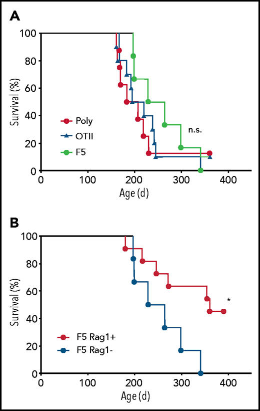 Disease development is influenced by Rag1 expression but not TCR signaling. (A) Development of malignant disease was monitored in cohorts of TetIL-7RON mice, whose T cells have a polyclonal TCR repertoire (Poly; n = 8), and TCR transgenic F5 TetIL-7RON (F5; n = 6) and OTII TetIL-7RON (OTII; n = 10) mice. Survival of the different strains over time is shown. (B) Survival of cohorts of F5 TetIL-7RON (F5 Rag1+) and F5 Rag1−/− TetIL-7RON (F5 Rag1−; n = 11) mice was monitored up to 400 days of age. *P = .018; n.s., nonsignificant; log-rank, Mantel-Cox test.