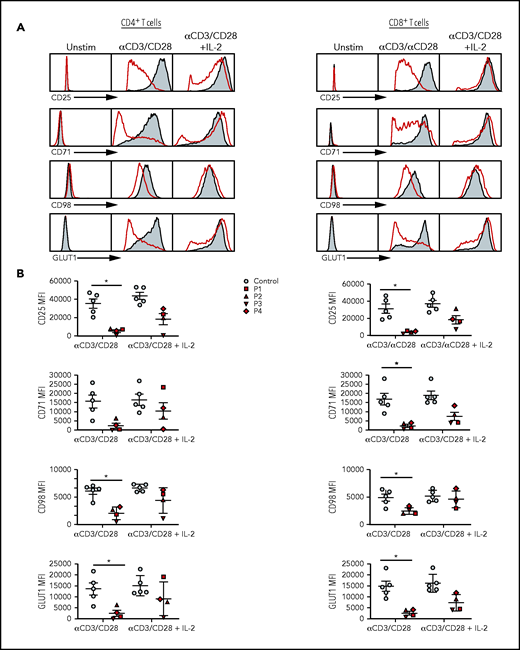 Activation profiles of SASH3-mutated T cells after in vitro stimulation with mitogens. (A) Representative plots of CD25, CD71, CD98, and GLUT1 expression in (left) CD4+ and (right) CD8+ T cells from P2 (red) and a healthy control (solid gray) in resting conditions or upon activation with anti-CD3 and anti-CD28 or anti-CD3 and anti-CD28 plus IL-2 in CD4+ T cells. (B) Cumulative mean fluorescence intensity (MFI) data for CD25, CD71, CD98, and GLUT1 expression in (left) CD4+ and (right) CD8+ T cells from controls (n = 5; solid gray) and SASH3-mutated patients (red). Bars represent mean values ± standard error of the mean. *P ≤ .05. Unstim, unstimulated.