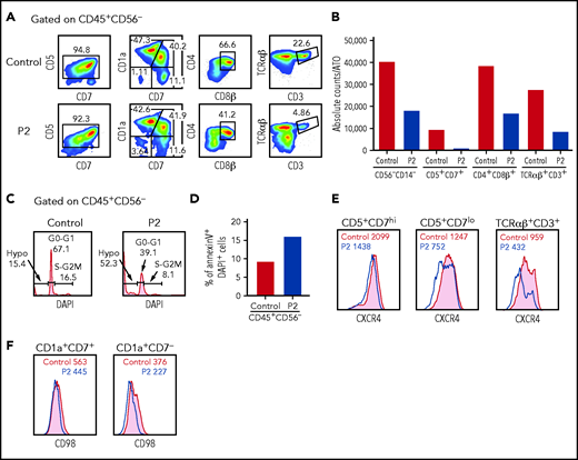 In vitro T-cell differentiation of CD34+CD3– hematopoietic stem and progenitor cells (HSPCs). (A) Representative analysis of T-cell differentiation of control and P2 HSPCs after 6 weeks of culture in an ATO system. The fluorescence-activated cell sorter (FACS) plots show expression of early and late markers of T-cell differentiation upon gating on LIVE/DEAD–CD45+CD14–CD56–CD34– cells. (B) The bar graph shows the absolute cell counts per ATO of indicated cell subsets in control (gray bar) and P2 (red bar) samples analyzed in parallel. (C) The histograms show distribution of cells in the different phases of cell cycle after cell staining for DNA content (DAPI) in control and P2, upon gating on total CD45+CD56– cells. (D) The bar graph shows the frequency of apoptotic cells after staining with annexin V and DAPI in control and P2 upon gating on total CD45+CD56– cells. (E-F) FACS plot representing CXCR4 and CD98 expression in more immature (CD5+CD7hi or CD1a+CD7+) and more mature (CD5+CD7lo or CD1a+CD7–) developing T-cell progenitors and in mature TCRαβ+CD3+ cells.