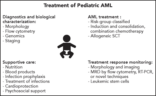 Overview of key components of the evaluation and treatment of children with AML.