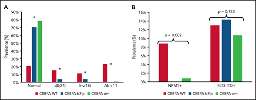 Cytogenetic and molecular characteristics according to CEBPA mutational status. (A) Cytogenetic profile according CEBPA-WT compared with CEBPA-bZip or CEBPA-dm status. *P < .001 for CEBPA-WT compared with CEBPA-bZip and CEBPA-dm. (B) Molecular profile according to CEBPA-WT compared with CEBPA-bZip or CEBPA-dm status. Abn 11, chromosome 11 abnormalities.