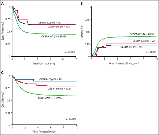 Correlation of CEBPA mutational status with clinical outcome. (A) EFS among the cohort according to CEBPA-WT vs CEBPA-dm vs CEBPA-bZip status; (B) RR according to CEBPA-WT vs CEBPA-dm vs CEBPA-bZip status; (C) OS for the cohort according CEBPA-WT vs CEBPA-dm vs CEBPA-bZip status.