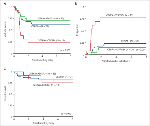 Outcomes of CEBPA-mutant patients according to co-occurring CSF3R and GATA2 mutational status. (A) EFS of dual CEBPA+/CSF3R+ mutant patients compared to those with dual CEBPA+/GATA2+ and those with a CEBPA+ mutation and neither CSF3R nor GATA2; (B) RR of dual CEBPA+/CSF3R+ mutant patients compared to dual CEBPA+/GATA2+ and patients with a CEBPA+ mutation and neither CSF3R nor GATA2; (C) OS of dual CEBPA+/CSF3R+ mutant patients compared to dual CEBPA+/GATA2+ and patients with a CEBPA+ mutation and neither CSF3R nor GATA2.