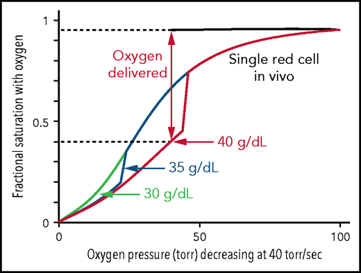 Impact of intracellular Hb concentration on oxygen dissociation curve and delivery of single SS red cells in vivo. Calculated ODCs for single red cells exposed to a linear decrease in oxygen pressure from 100 torr to 0 torr at 40 torr/s, similar to the rate in vivo.43,60,61 For a 40-g/dL cell, after polymerization has occurred there is a large decrease in saturation because of the low affinity of polymerized hemoglobin (p50 = 170 torr) and a concomitant large increase in oxygen delivery. The fraction of oxygen delivered is indicated by the double-headed vertical arrow and the dotted horizontal lines.