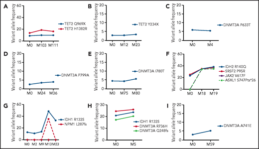 Follow-up NGS analysis in patients with CIN with clonal disease. The graphs show the mutational status and size of clones in 9 patients with CIN with clonal disease in whom follow-up NGS studies were available (shown in supplemental Table 1). The detected mutations and the respective VAFs (%) at the first evaluation (M0) and subsequent analysis in different time points shown in months (M) are depicted. In 6 patients, the clonal size (VAF) of the acquired mutations remained relatively stable between the first and subsequent NGS analyses (A-E, I). Of the 3 patients with available follow-up NGS who progressed to myeloid neoplasm, the clonal size was increased and additional mutations were detected at the time of progression in 2 of them (panels F and G); in the third patient, only a modest increase was detected in the VAF of mutations, with no additional mutations acquired at the time of progression (H). Panels A-I correspond to patients #7, #15, #1, #20, #8, #16, #21, #2, and #12, respectively, as presented in supplemental Table 1.