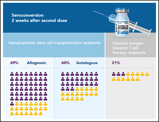 Seroconversion rates of cellular therapy recipients after the second dose of COVID-19 vaccine (the number of icons reflects the total number of patients evaluated in Dhakal et al). Purple, positive seroconversion; yellow, no seroconversion.