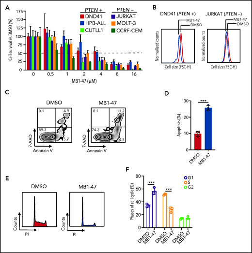 MB1-47 antileukemic effects in T-ALL cell lines in vitro. (A) Relative cell survival of 6 independent human T-ALL cell lines (including PTEN+ and PTEN− cells) in the presence of MB1-47 at the indicated concentrations for 72 hours (mean ± SD; n = 3). (B) Representative flow cytometry histograms showing cell-size changes in G1-gated DND41 and JURKAT cells treated with DMSO (control) or MB1-47 (4 or 2 µM, respectively) for 72 hours. (C) Representative flow cytometry plots of annexin V (apoptotic cells) and 7-aminoactinomycin D (7-AAD; dead cells) staining. Numbers in quadrants indicate percentage of cells. (D) Quantification of apoptosis from DND41 triplicates treated for 72 hours with DMSO (control) or 4 μM MB1-47 (mean ± SD). Statistical significance (P) was determined by using the 2-tailed Student t test; ***P < .005. (E-F) Flow cytometry representation (E) and quantification (F) of cell-cycle analysis of DND41 cells treated with DMSO (control) or MB1-47 (4 μM) for 72 hours (n = 3; mean ± SD). P values in panel F were calculated using 2-way analysis of variance (ANOVA) for multiple comparisons. ***P < .005. FSC-H, forward scatter height; PI, propidium iodide.