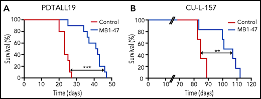 MB1-47 shows antileukemic effects in human T-ALL PDXs in vivo. (A) Kaplan-Meier survival curve of mice harboring PDTALL19, a NOTCH1-mutated PTEN+ human T- ALL PDX, treated with a control diet or an MB1-47–containing diet (n = 10 mice per group). (B) Kaplan-Meier survival curve of mice harboring CU-L-157, a NOTCH1–wild-type PTEN− human T- ALL PDX, treated with a control diet or an MB1-47–containing diet (n = 6 mice per group). P values were calculated with the log-rank test. **P < .01; ***P < .005.