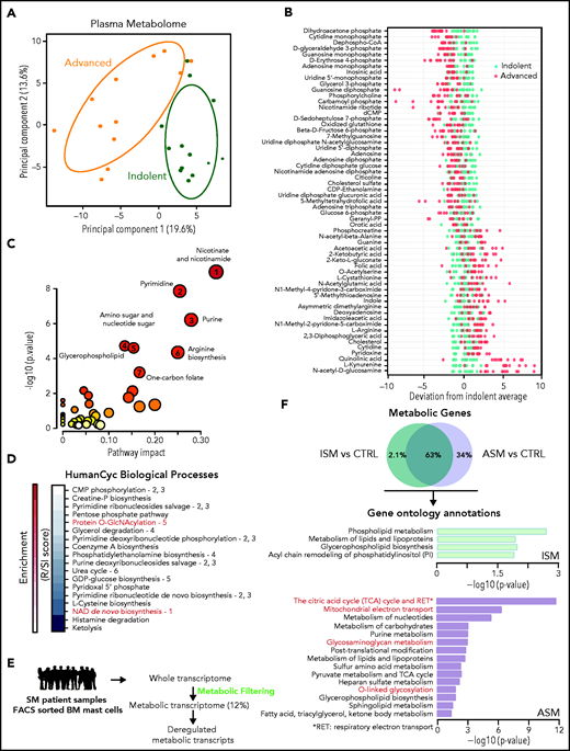 Metabolomic alterations associated with systemic mastocytosis severity. (A) Principal component analysis (PCA) of metabolites measured in indolent (green) and advanced (orange) SM plasma samples. (B) Indolent SM-based z-score plot of 59 metabolites significantly deregulated between samples from patients with ISM and AdvSM. Each dot represents 1 metabolite in 1 SM sample, and the color indicates the disease form (light green: indolent; red: advanced) (C) Metabolome view from pathway analysis performed using MetaboAnalyst 4.0. Each circle represents a different pathway, and the circle size and color shade indicate the pathway impact and P value (with red being the most significant), respectively. Selected pathways with high impact and/or high P values are labeled 1 to 7. (D) Pathway covering using HumanCyc showing the smallest pathways including differential metabolites. (E) Outline of the transcriptomic approach used to highlight significant dysregulated metabolic transcripts in sorted bone marrow mast cells (MCs) from patients with SM. (F) Enrichment of overactivated pathways between different groups of patients with SM, as identified by Enrich. The adjusted P values are shown as −log (P) values on the x-axis.