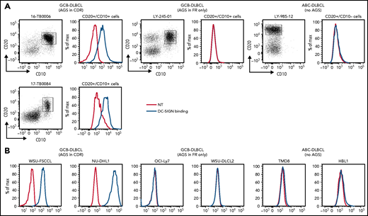 DC-SIGN binds specifically to the sIg-Mann GCB-DLBCL cells. Binding of recombinant DC-SIGN was analyzed in primary samples and DLBCL cell lines by flow cytometry after incubation with fluorescein isothiocyanate (FITC)-conjugated anti-Fc antibody. Blue lines represent binding of DC-SIGN, red lines represent binding of the secondary antibody in the untreated control. (A) DC-SIGN binding to the clonal CD20+/CD10+ of GCB-DLBCL primary samples or CD20+/CD10– ABC-DLBCL tumor population primary samples. (B) DC-SIGN binding in GCB-DLBCL (with AGSs in the CDR or in the FR only) and ABC-DLBCL cell lines (not having AGSs). Supplemental Tables 6 and 7 show the intensity of DC-SIGN binding to the primary samples and cell lines. NT, untreated.