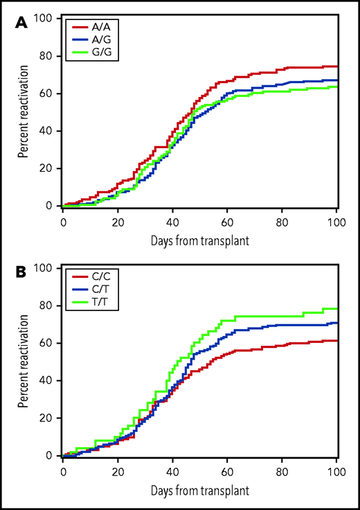 The risk of CMV reactivation is associated with donor genotypes. Plot (A) shows data for donor rs1045462 genotype and (B) shows data for donor rs11686168 genotype. The data represent the replication cohort and do not provide a clear indication of the genetic model for either of these associations.