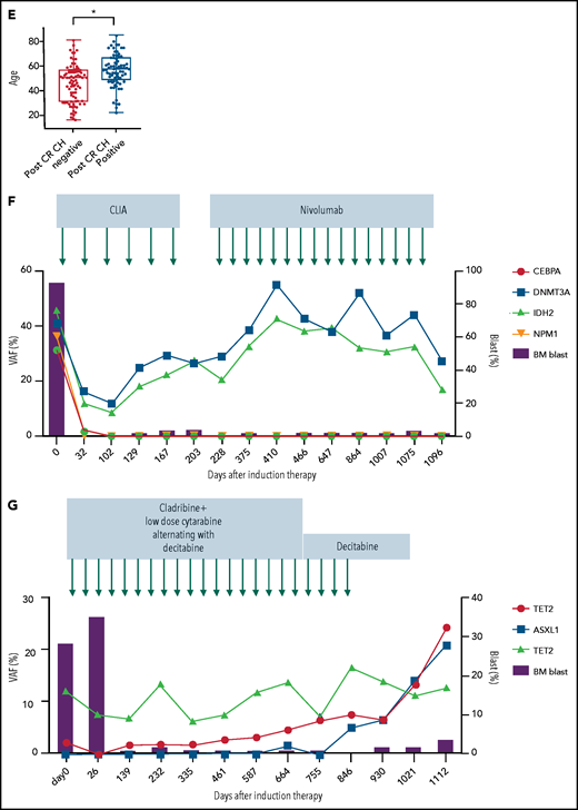 Characteristics, dynamics, and clinical significance of postremission CH in AML. (A) CONSORT diagram for the study cohort. (B) Violin plot showing the distribution of the number of gene mutations detected as post-CR CH. (C) Violin plots showing VAFs of post-CR CH mutations in all patients and based on the mutated genes. (D) Bar graph showing the number of mutations detected as persistent preleukemic CH (red bar) or emerging CH (blue bar). (E) Box plots comparing the age of patients with or without post-CR CH (*P < .001). (F-G) Representative cases with clonal dynamics of persistent preleukemic CH (F), emerging CH (G), and post-CR CH cleared by allo-SCT (H). (I) The summary of the clonal trajectories of post-CR CH in the 43 patients in whom we were able to track the long-term clonal dynamics. (J-K) The long-term trend of peripheral blood counts in patients with (red line) and without post-CR CH (black line). Patients with post-CR CH had significantly lower absolute neutrophil counts (ANC) and platelets (PLT) at the beginning (day 0 corresponds to the first attainment of CR), but later the difference became insignificant. *P < .001. (L) Cumulative incidence of relapse in post-CR CH-patients (black line) and in post-CR CH+ patients (red line). (M) Nonrelapse mortality in post-CR CH−patients (black line) and in post-CR CH+ patients (red line). Data were censored at the time of allo-SCT in first CR. BM, bone marrow; CLIA, cladribine, idarubicin, and cytarabine; FAI, fludarabine, idarubicin, and cytarabine.