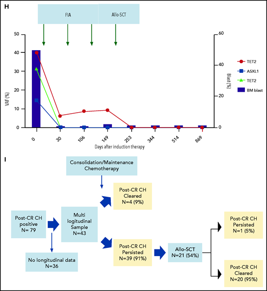 Characteristics, dynamics, and clinical significance of postremission CH in AML. (A) CONSORT diagram for the study cohort. (B) Violin plot showing the distribution of the number of gene mutations detected as post-CR CH. (C) Violin plots showing VAFs of post-CR CH mutations in all patients and based on the mutated genes. (D) Bar graph showing the number of mutations detected as persistent preleukemic CH (red bar) or emerging CH (blue bar). (E) Box plots comparing the age of patients with or without post-CR CH (*P < .001). (F-G) Representative cases with clonal dynamics of persistent preleukemic CH (F), emerging CH (G), and post-CR CH cleared by allo-SCT (H). (I) The summary of the clonal trajectories of post-CR CH in the 43 patients in whom we were able to track the long-term clonal dynamics. (J-K) The long-term trend of peripheral blood counts in patients with (red line) and without post-CR CH (black line). Patients with post-CR CH had significantly lower absolute neutrophil counts (ANC) and platelets (PLT) at the beginning (day 0 corresponds to the first attainment of CR), but later the difference became insignificant. *P < .001. (L) Cumulative incidence of relapse in post-CR CH-patients (black line) and in post-CR CH+ patients (red line). (M) Nonrelapse mortality in post-CR CH−patients (black line) and in post-CR CH+ patients (red line). Data were censored at the time of allo-SCT in first CR. BM, bone marrow; CLIA, cladribine, idarubicin, and cytarabine; FAI, fludarabine, idarubicin, and cytarabine.