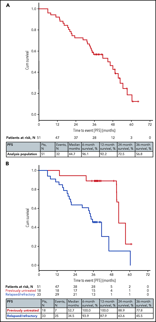 PFS. (A) PFS in all 51 patients. (B) PFS by prior treatment (previously untreated and relapsed/refractory). Cum, cumulative.