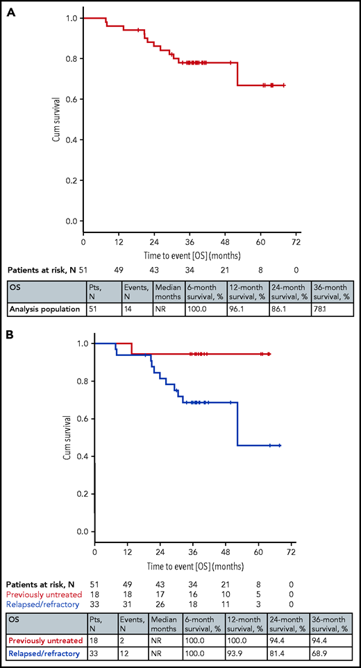 OS. (A) OS in all 51 patients. (B) OS by prior treatment (previously untreated and relapsed/refractory).