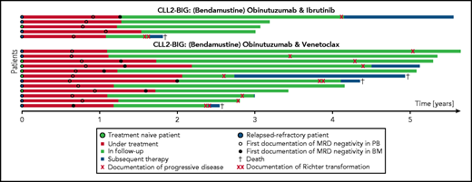 Swimmers plot of 17 patients with termination of treatment due to uMRD. Length of the bar shows duration of treatment (red), observation after treatment discontinuation (green) and start of next treatment line (dark blue). The time point of first documentation of uMRD in peripheral blood and bone marrow is indicated with a circle and a black dot, respectively. Documentation of progressive disease, Richter transformation, and death are as described in the symbol key in the image. BM, bone marrow; PB, peripheral blood.