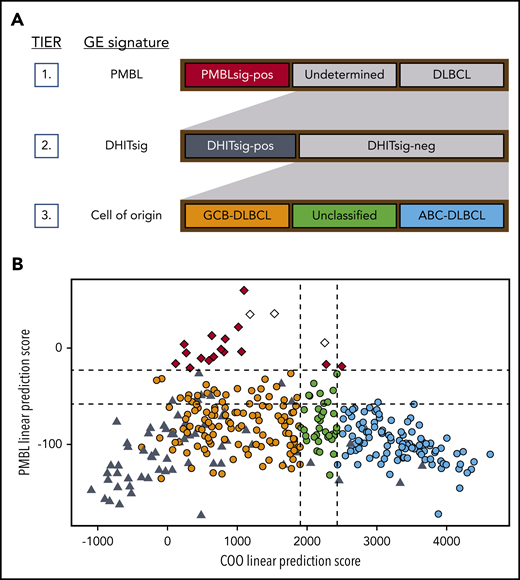 DLBCL90 assay: tiered classification system and scores. (A) Tiered classification of DLBCL tumors using the DLBCL90 NanoString assay. Tier 1: in the first layer of this 3-tiered classification system, PMBLsig+ samples are identified. Tier 2: DHITsig+ samples are then identified among the samples that do not have a PMBL GE signature. Tier 3: in the final tier, the remaining samples are categorized based on their COO. (B) DLBCL90 assay scores for 325 de novo DLBCL tumors from the BCC DLBCL cohort. PMBL linear prediction scores (LPSs) are plotted against COO LPSs for each sample. Low COO LPS result in an assignment to the GCB group, whereas high LPS result in an activated B-cell (ABC) assignment. High PMBL LPS results in an assignment to the PMBLsig+ group. Dotted lines represent the cutoffs between categories. Red, PMBLsig+; orange, GCB; green, unclassified; blue, ABC; black, DHITsig+; white, samples from patients found to have presented with bf-PMBL–like features and who were therefore excluded from further analysis.