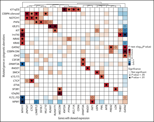 Association between genes with ASE and gene mutations or cytogenetic aberrations. Statistical association was computed with a 2-sided Fisher’s exact test and represented as −log10 (P value) for odds ratios >1 or log10 (P value) for odds ratios <1. Positive values, indicating positive association, are depicted in red, and negative values are depicted in blue. For clearer visualization, the limits of the scale were set at −4 and +4. Associations that achieved significance are highlighted with an empty (P < .05) or full (P < .01) circle.