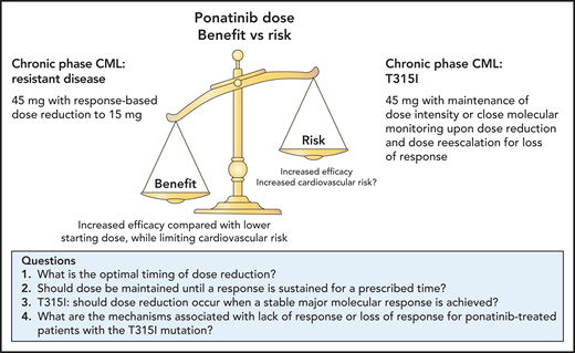 The efficacy of ponatinib for patients with CML with resistance to prior tyrosine kinase inhibitor therapy could be balanced against the risk of arterial occlusive disease by reduced dose intensity when a response is attained. Professional illustration by Patrick Lane, ScEYEnce Studios.