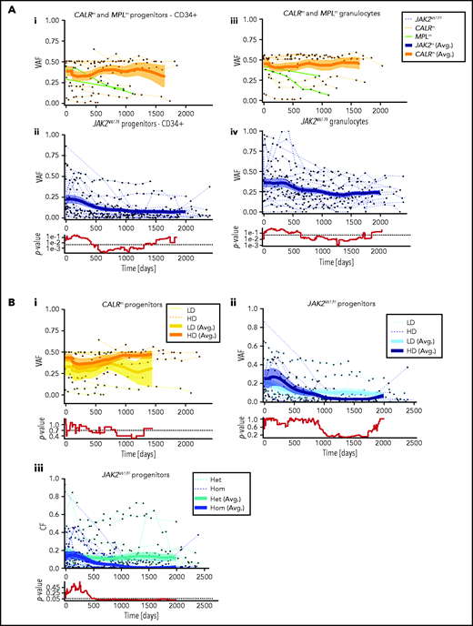 Hematopoietic progenitors are targeted differently according to the driver mutation type or zygosity and the IFNα dose. (A) Effect of IFNα in different hematopoietic compartments during the clinical survey of the 48 patients. Graph lines indicate the VAF calculated in CD34+ progenitors (i-ii) and measured in granulocytes (iii-iv) for CALRm and MPLm patients (i-iii) and JAK2V617F patients (ii-iv). Thin lines, data from each patient harboring JAK2V617F (dotted blue), CALRm (dotted orange), or MPLm (green); thick curves, smoothed averages (floating averages ±100 days) from the 32 JAK2V617F (blue) or 14 CALRm (orange) patient data; surrounding shaded areas, standard error of the mean. P values were calculated between CALRm and JAK2V617F data. Within the first 300 days, there was no significant difference between CALRm and JAK2V617F patient VAF. Significant differences between CALRm and JAK2V617F cases were observed starting from 600 days of treatment in the progenitor compartment using a Mann-Whitney U test (P < .0005). Less difference between CALRm and JAK2V617F VAF was observed in mature cells (P < .025 after 650 days). (B) Effect of IFNα according to driver mutation type or zygosity and the IFNα dose during the clinical survey. The VAF were computed by pooling the data from each of the 3 progenitor compartments for (i) patients with CALRm MPN treated with IFNα at high doses (HD, >78 µg/wk on average) or low doses (LD, <78 µg/wk); (ii) patients with JAK2V617F MPN treated with IFNα at HD (>96.5 µg/wk) or LD (<96.5 µg/wk); and (iii) JAK2V617F heterozygous or homozygous progenitors independently of the doses. Thin line, data from a single patient; thick curves, smoothed averages (floating averages ±100 days) from the JAK2V617F (blue) or CALRm (orange) patient data; shaded areas surrounding the curve, standard error of the mean. Differences were calculated between heterozygous and homozygous JAK2V617F progenitors after 600 days of treatment (Mann-Whitney U test, P < .03) and were significant after 1000 days of treatment (Mann-Whitney U test, P < .003).