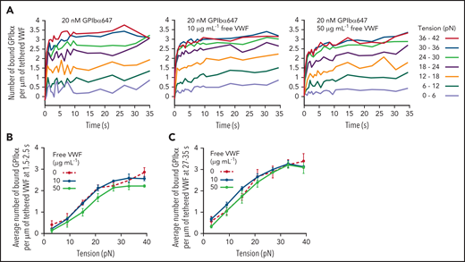 Effect of VWF self-association on GPIbα binding. (A) Time course of GPIbα647 binding to Alexa Fluor 488–labeled tethered VWF in the presence of 20 nM GPIbα647 and 0, 10, or 50 μg mL−1 of free unlabeled VWF at 960 dyn cm−2 wall shear stress. Tension bins are keyed according to color. (B-C) Number of bound GPIbα647 molecules averaged over time periods between (B) 1.5 and 2.5 seconds and (C) 27 and 35 seconds after the start of flow at 960 dyn cm−2. Data for 0, 10, and 50 μg mL−1 of free VWF are averages over 48, 170, and 166 tethered VWF concatemers, respectively.