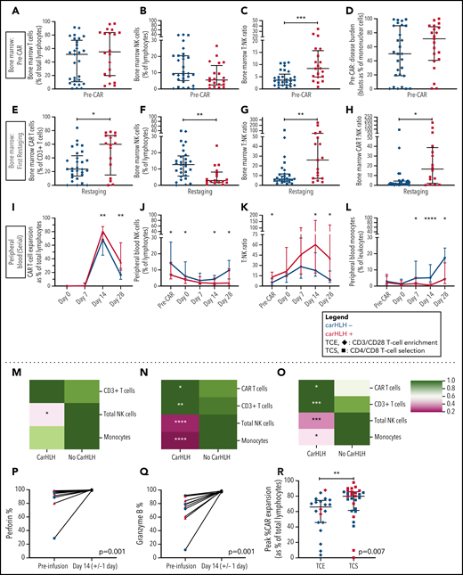 Serial lymphocyte phenotyping prior to and following CD22 CAR T-cell infusion in patients with vs without carHLH. (A) Bone marrow T-cell percentage (% of lymphocytes) prior to CAR infusion (pre-CAR) in those who would and would not go on to develop carHLH. Graph shows scatter plot of all values with lines at median and IQR. (B) Bone marrow NK cell percentage (% of lymphocytes) pre-CAR in those who would and would not go on to develop carHLH. Graph shows scatter plot of all values with lines at median and IQR. (C) Ratio of T:NK cells was calculated for subjects using pre-CAR infusion baseline bone marrow flow. A higher T:NK ratio was observed in subjects who would subsequently go on to develop carHLH. Graphs show scatter plot of all values with lines at median and IQR. (D) Pre-CAR disease burden in the bone marrow, reflecting bone marrow blasts as percent of marrow mononuclear cells by flow cytometry. There were no substantial differences seen between the 2 groups. (E) Bone marrow CAR T-cell (percent of CD3+ T cells) percentage at restaging in those with and without carHLH. Graph shows scatter plot of all values with lines at median and IQR. (F) Bone marrow NK cell percentage (percent of lymphocytes) at restaging in those with and without carHLH. Graph shows scatter plot of all values with lines at median and IQR. (G) Bone marrow T:NK cell ratio at restaging in those with and without carHLH. Graph shows scatter plot of all values with lines at median and IQR. (H) Bone marrow CAR T:NK cell ratio at restaging in those with and without carHLH. Graph shows scatter plot of all values with lines at median and IQR. (I) In carHLH patients, there is a relative predominance of CD22 CAR T cells in patients with carHLH at day 14 time point, which persists through day 28 time point. Line graphs are drawn through median value for each time point, with thin vertical lines denoting IQR. (J) In subjects with carHLH, NK cells comprise a smaller percentage of the cellular milieu at pre-CAR infusion baseline on the day of CAR infusion (day 0) as well as at the day 14 and day 28 time points. Patients with carHLH are characterized by an absence of NK cell reexpansion at the latter time point, compared with a marked reexpansion toward baseline levels in those without carHLH (supplemental Figure 4L). Line graphs are drawn through median value for each time point, with thin vertical lines denoting IQR. (K) A ratio of T:NK cells was calculated at all time points. Higher peripheral blood T:NK ratio was seen in carHLH patients at pre-CAR infusion baseline, day 14 (coinciding with median day of carHLH onset), and day 28 time points. A trend toward higher T:NK ratio was observed at the day 0 time point (P = .08). Line graphs are drawn through median value for each time point, with thin vertical lines denoting IQR. (L) In subjects with carHLH, monocytes comprise a smaller percentage of the cellular milieu from day 7 time point onwards, with most substantial differences corresponding to median carHLH onset. Line graphs are drawn through the median value for each time point, with thin vertical lines denoting IQR. (M-O) Heatmap representation of row-normalized mean frequencies of immune cell subsets between carHLH and non-carHLH groups at preinfusion (M), peak CAR expansion (N), and at day 28 (O) time points. Frequencies were analyzed using a Mann-Whitney U test. *P < .05, **P < .01, ***P < .001, ****P < .0001. (P) Paired flow cytometric analysis of perforin expression in peripheral blood at preinfusion and day 14 post-CAR T-cell infusion in patients with carHLH (n = 6) and those without carHLH (n = 5). No differences were observed in expression levels between the cohorts at either time point. (Q) Paired flow cytometric analysis of granzyme B expression in peripheral blood at preinfusion and day 14 post-CAR T-cell infusion in patients with carHLH (n = 6) and those without carHLH (n = 5). No differences were observed in expression levels between the cohorts at either time point. (R) Among those with CRS, peak CAR expansion as percentage of total lymphocyte population was higher in those who underwent CD4/CD8 T-cell selection (TCS) compared with those who underwent CD3/CD28 T-cell enrichment (TCE) during CAR manufacturing process. Color indicates carHLH status for a given datapoint. Graphs show scatter plot of all values with lines at median and IQR.