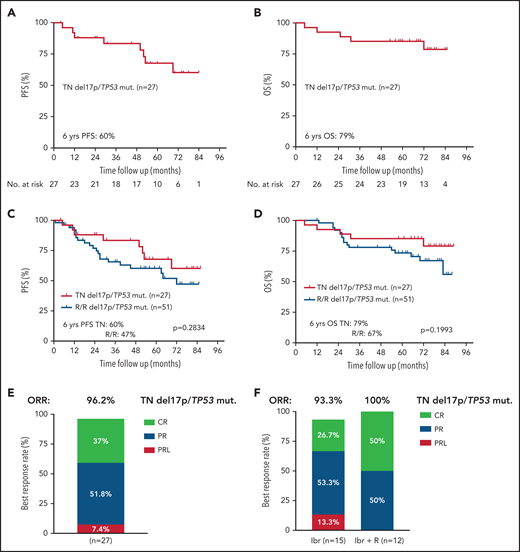 Survival and responses in treatment-naïve (TN) and patients with R/R CLL and del17p and/or TP53 mutations (mut) receiving ibrutinib (Ibr) alone or in combination with rituximab (R). (A) PFS and (B) OS of TN patients with CLL and del17p and/or TP53 mutations (n = 27). (C) PFS and OS (D) of TN CLL patients vs patients with R/R CLL and del17p and/or TP53 mutations. (E) Best responses in the TN patients with del17p and/or TP53 mutations. (F) Best responses in further subset analyses based on treatment (ibrutinib monotherapy/Ibr vs ibrutinib plus rituximab/Ibr + R).