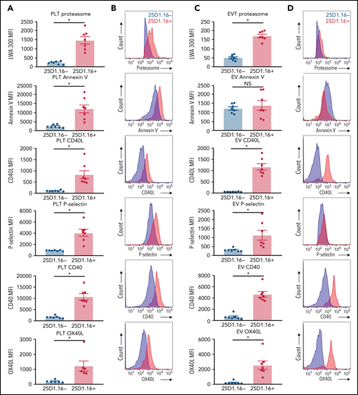 Platelets and PEVs loaded with OVA peptide express activation and costimulatory molecules. (A-B) Activated platelets and (C-D) PEVs loaded with OVA peptide (25D1.16+) express higher levels of proteasome (LWA300), activation (annexin V, P-selectin), and costimulatory molecules (CD40, CD40L, and OX40L). (A,C) Mean fluorescence intensity (MFI) of the different markers assessed by hs-FCM (n = 7). Data are mean ± standard error of the mean (SEM). *P < .05 (Student t test). NS nonsignificant. (B,D) Representative MFI histograms of the 25D1.16− and 25D1.16+ populations for each marker shown on CD41+proteasome+ events.