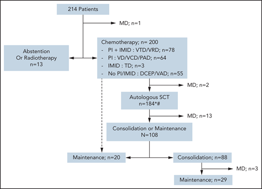 Flowchart of different strategies for first-line therapies. *Some patients underwent ASCT at relapse rather than front line, according to the protocol. #Fourteen patients did not undergo ASCT for the following reasons: front-line allo-HSCT (n = 3), progressive disease or early death (n = 3), persistent CR/VGPR after first-line therapy (n = 2), collection failure (n = 1), severe renal impairment (n = 1), and unknown (n = 4). PI refers to bortezomib; IMID refers to either thalidomide or lenalidomide. DCEP, doxorubicin + cyclophosphamide + etoposide + prednisone; MD, missing data; PAD, bortezomib + Adriamycin (doxorubicin) + dexamethasone; TD, thalidomide + dexamethasone; VAD, vincristine + Adriamycin + dexamethasone; VCD, bortezomib + cyclophosphamide + dexamethasone; VD, bortezomib + dexamethasone; VRD, bortezomib + lenalidomide + dexamethasone; VTD, bortezomib + thalidomide + dexamethasone.